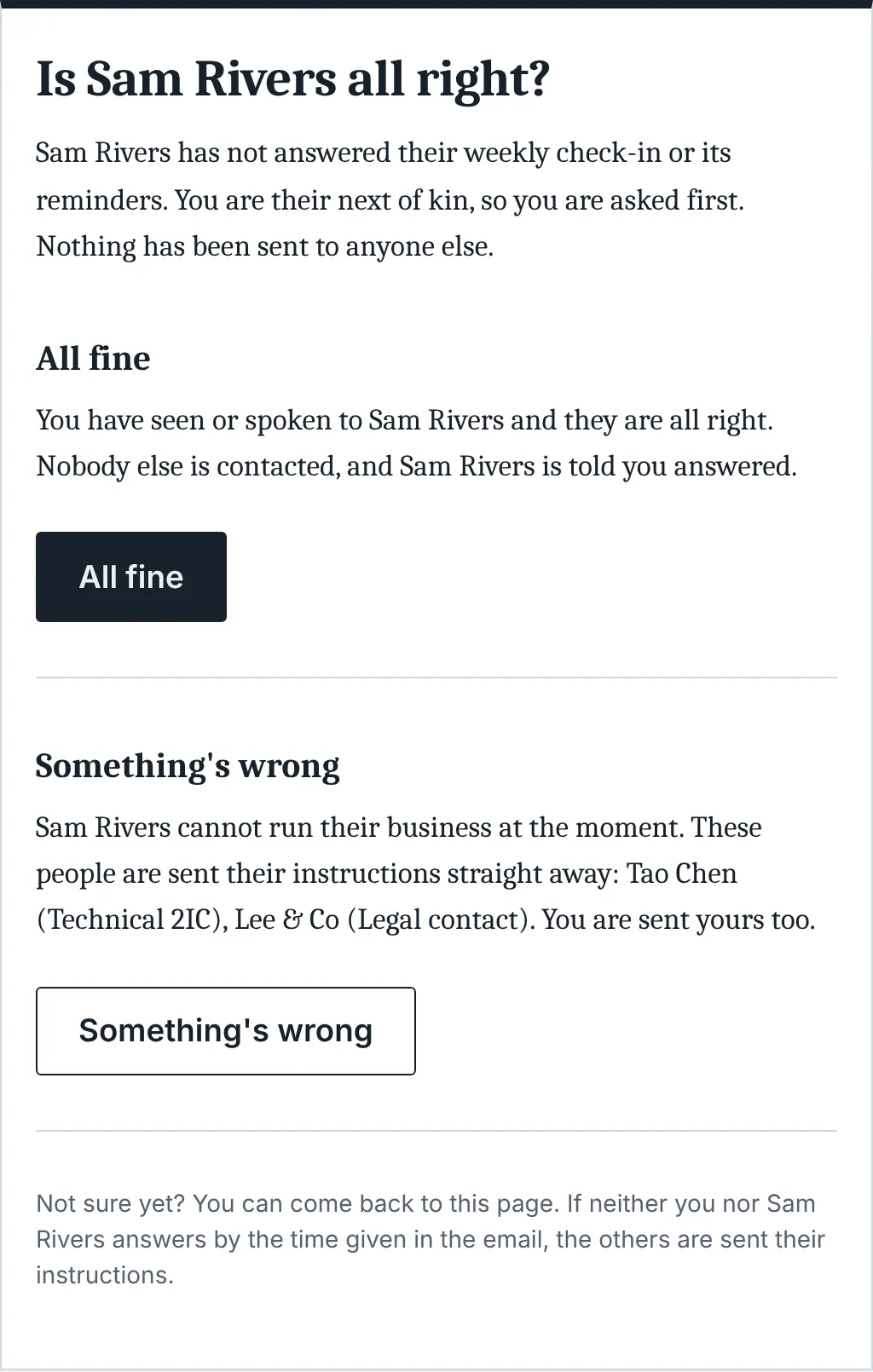  'Is Sam Rivers all right?' alongside an 'All fine' clasp and a 'Something's wrong' button, all explaining what happens next.